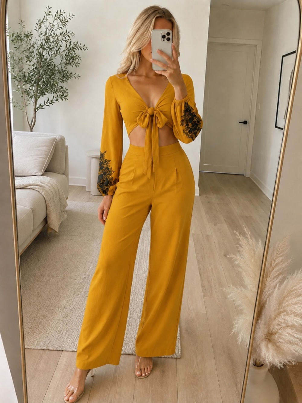 NWT Mustard Embroidered Wide Leg Pants Set